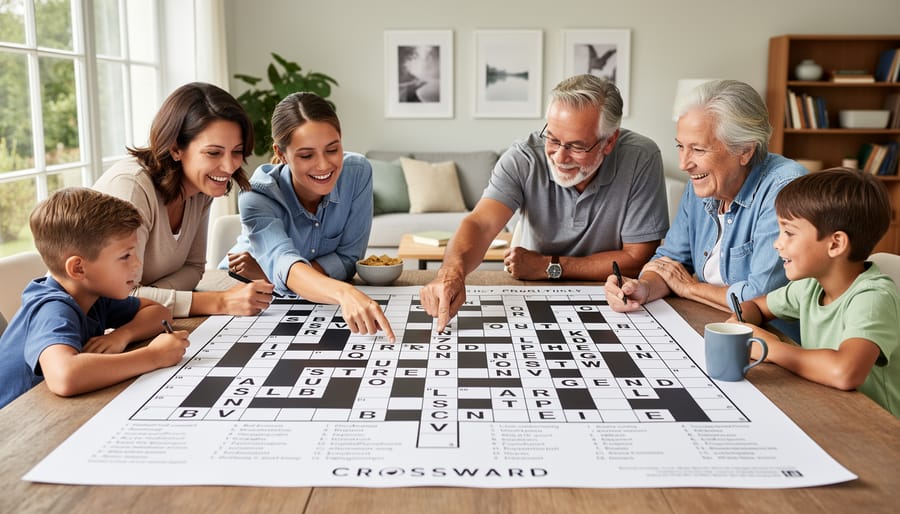 Family and children working together at a table with a large jumbo crossword puzzle.