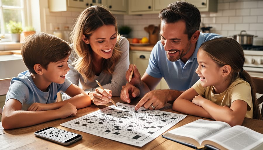 Child and parent solving a crossword together at a kitchen table with pencil and erasers