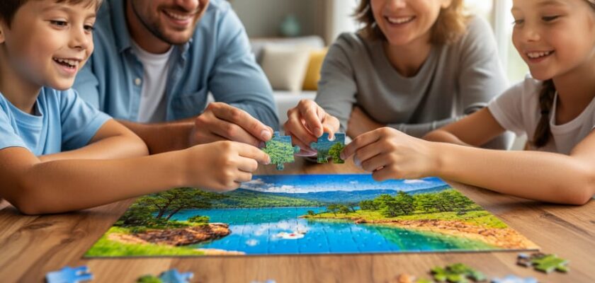 A family’s hands fitting pieces into a colorful jigsaw puzzle on a wooden table in soft daylight.
