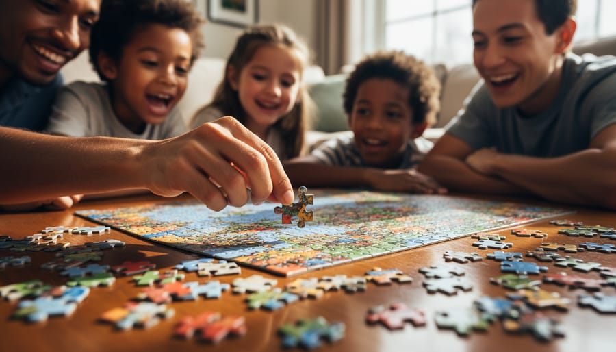 Child and parent fitting jigsaw puzzle pieces together at a table in soft daylight.