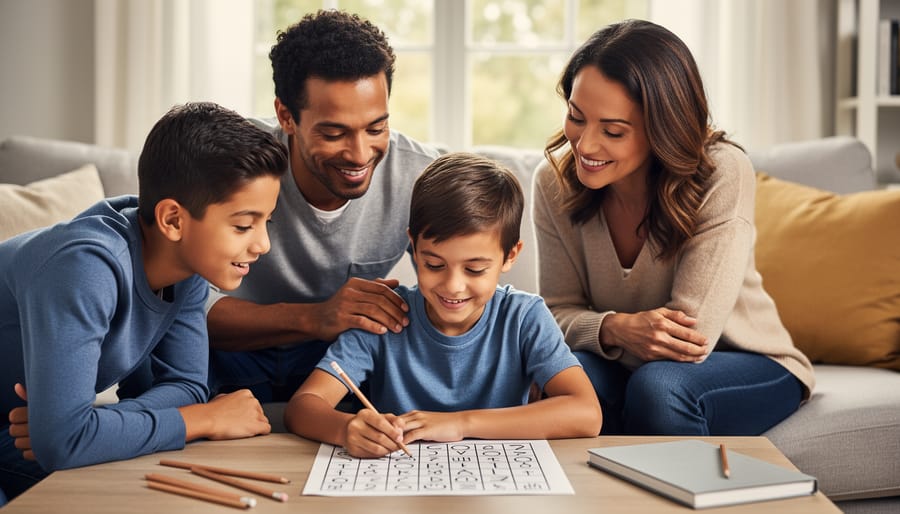 Child and parent working together on a pencil-and-paper logic puzzle at a table.