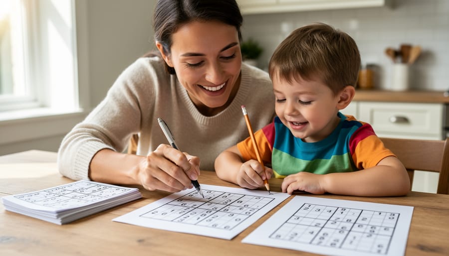 Parent and child seated at a table with a printed Sudoku puzzle, pencils, and an eraser