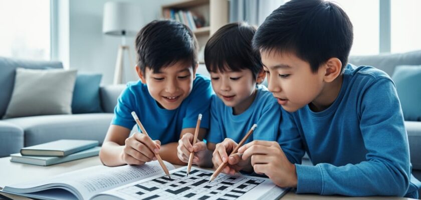 Parent and children collaborate on a crossword puzzle with pencils, pointing to intersecting clues in a bright living room.