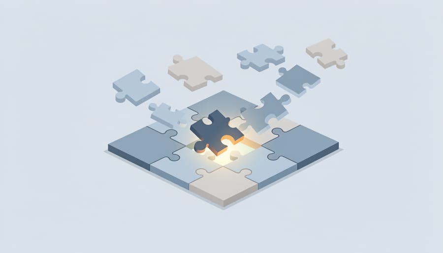 Close-up of a jigsaw puzzle on a table with one brightly colored piece positioned like a key ready to fit.