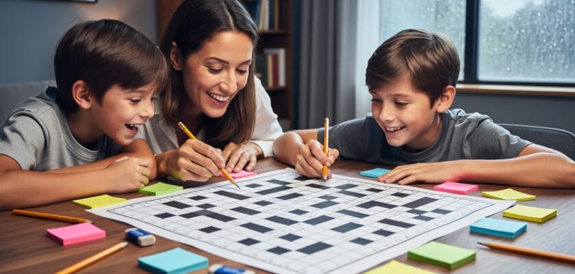 A family collaborates on a large jumbo crossword puzzle at a dining table with pencils, while rainy-day indoor light fills the room.