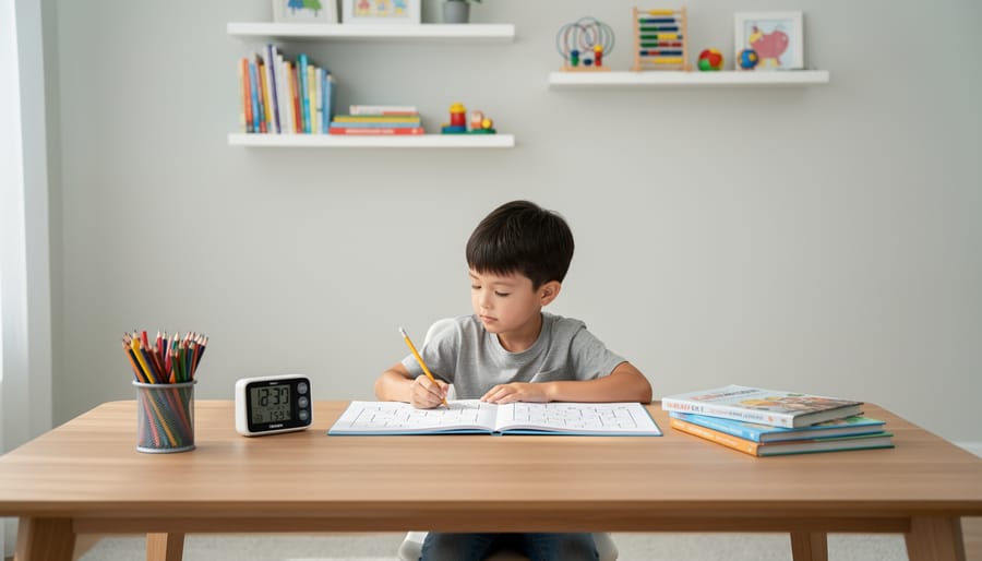 Overhead view of a kid-friendly desk with a printed puzzle page, colored pencils, and stationery items.