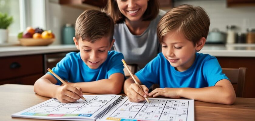 A family sitting at a kitchen table helping kids solve a Killer Sudoku puzzle with pencils and a puzzle notebook.