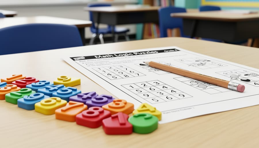 Student working on a math logic puzzle with number tiles and a worksheet in a bright classroom