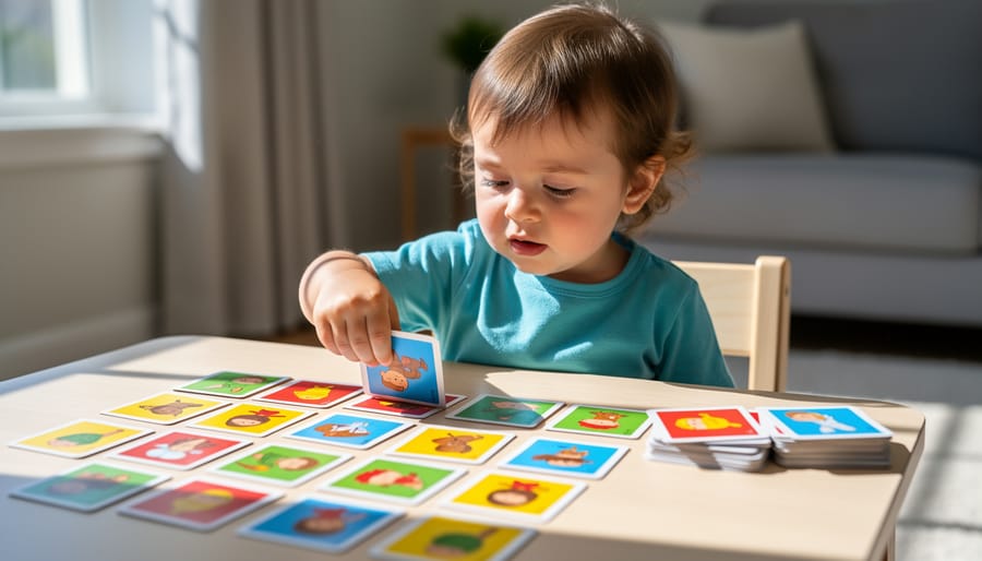 Child flipping matching cards in a memory game on a rug