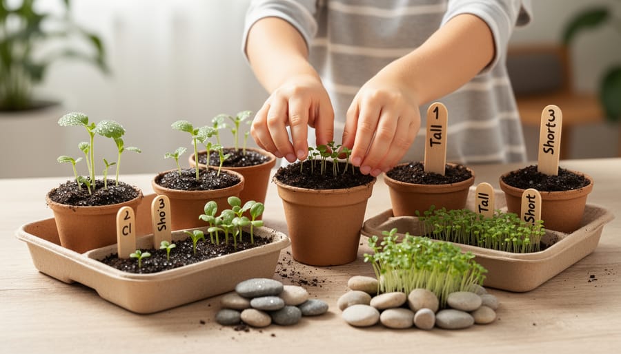 Child hands counting seeds in a small mini garden tray with sprouts