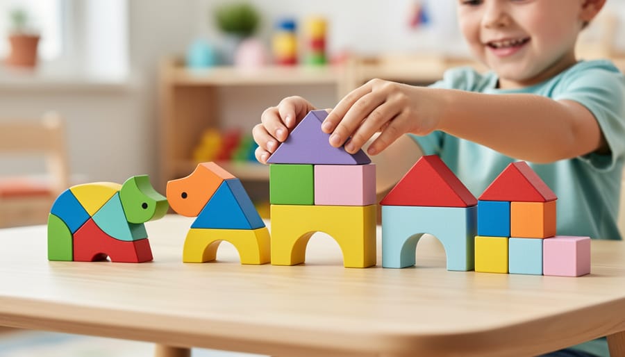 Pattern blocks arranged on a table into shapes and a simple animal design