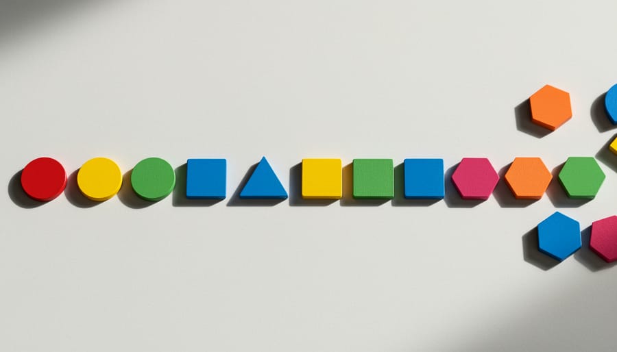 Child arranging colored shapes to complete a pattern sequence on a tabletop