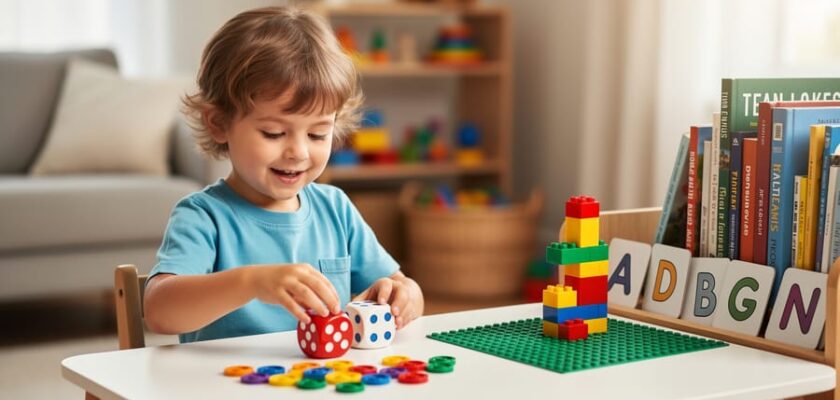 “A 5-year-old playing homeschool games with foam dice, counting colored counters, and building with LEGO in a cozy living-room setting.”