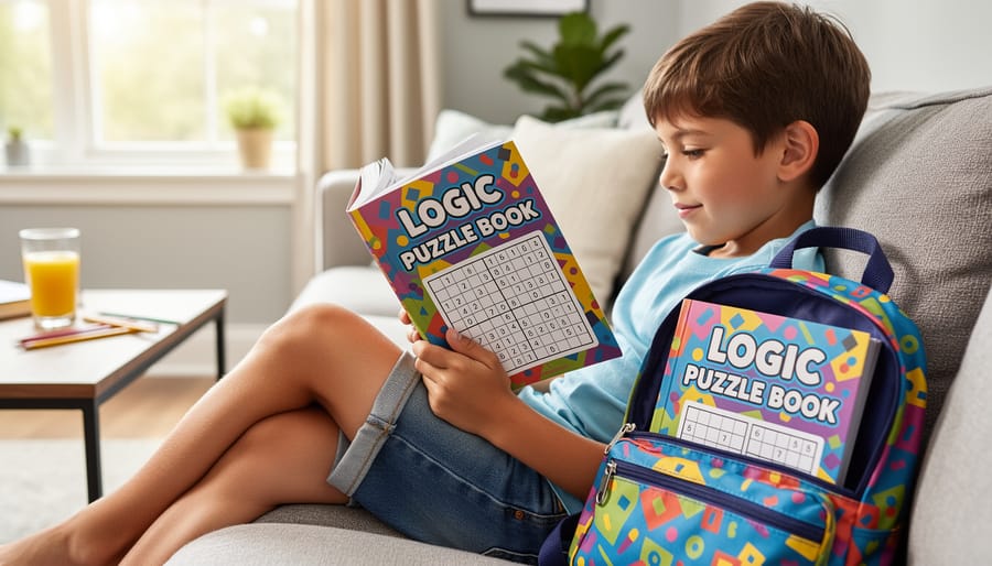 Teen relaxing on a couch while holding a puzzle book for screen-free practice.
