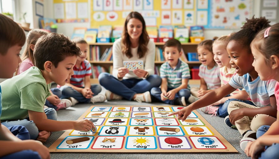 Child pointing to picture tiles on a bingo board while a parent calls a rhyme game