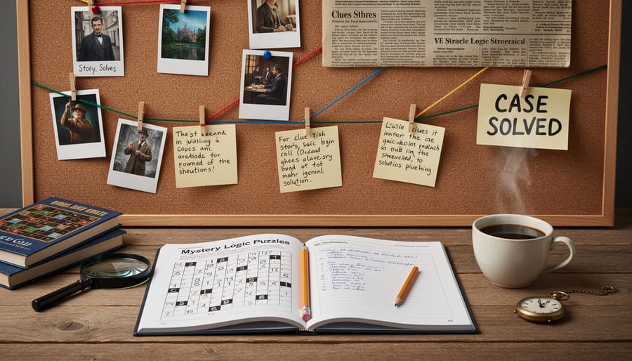 Child studying a mystery story book with picture clue cards on a desk