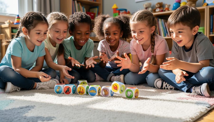 Child rolling picture story dice on a felt mat during a storytelling game