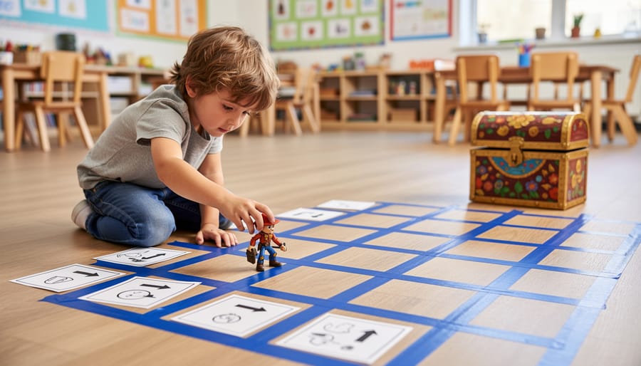 Child guiding a toy explorer on a grid mat in an unplugged treasure map coding game