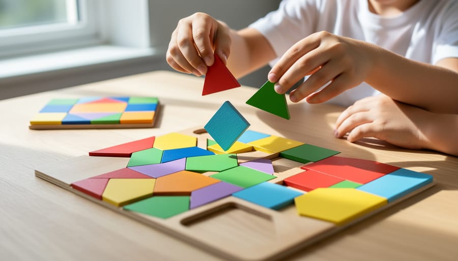 Child’s fingers placing wooden tangram pieces on a felt board