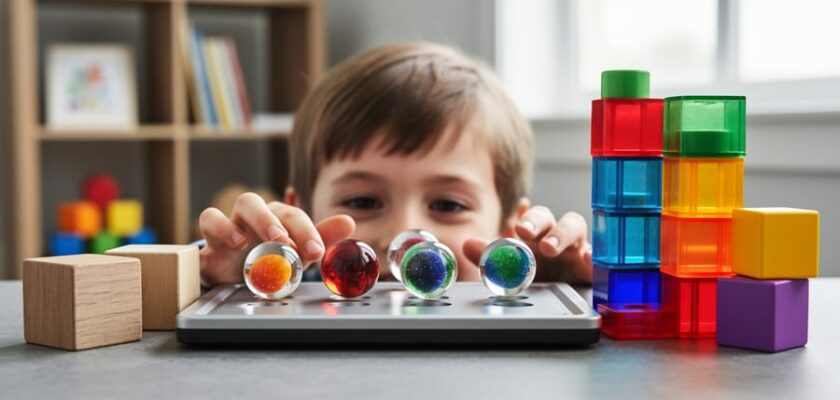 Close-up of a 7-year-old’s hands playing a gravity-style marble logic maze with colorful marbles on a STEM toy tabletop.