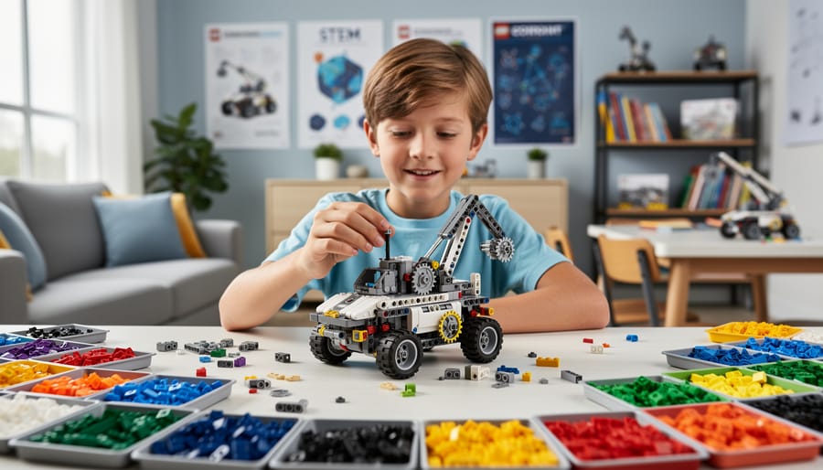 Child building an advanced LEGO Creator model with hands adding pieces.