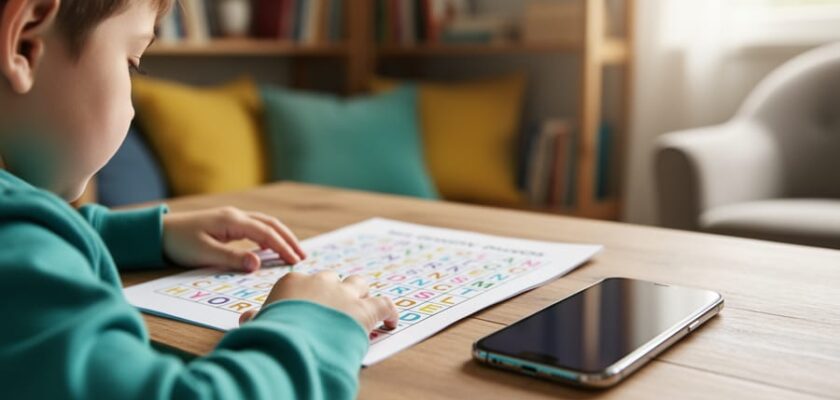 Child’s hands preparing to solve a word search puzzle on paper at a table, with a smartphone nearby, in a cozy home setting.