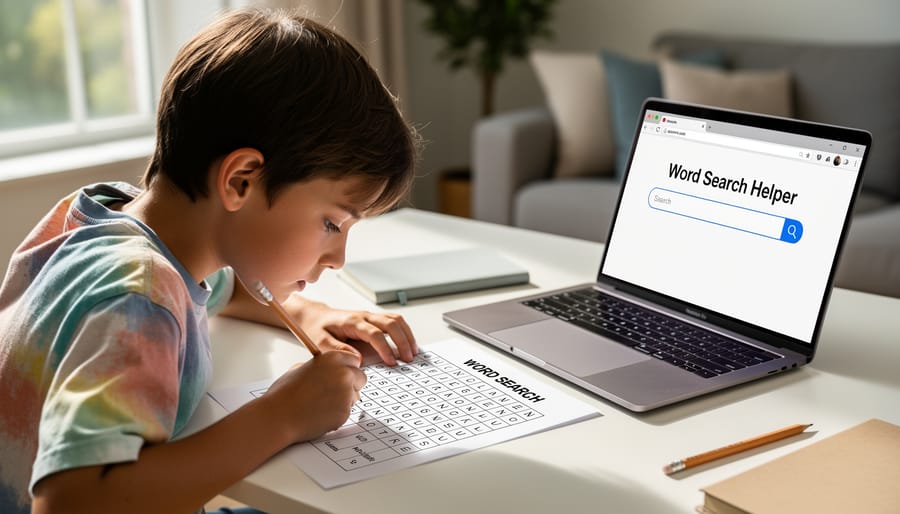 Child hands holding a pencil over a printed word search paper with a tablet and school supplies on a desk