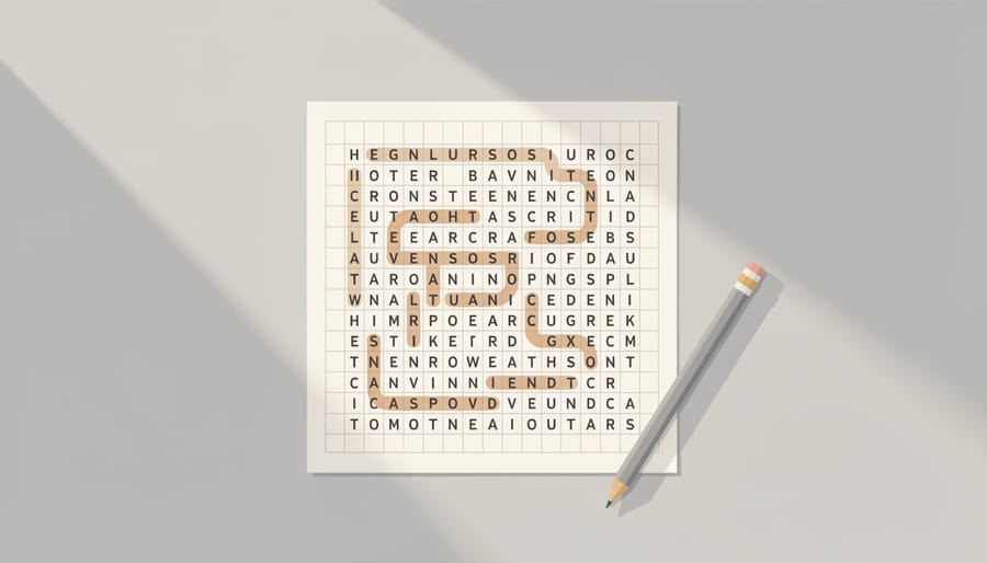 Overhead view of a completed word search puzzle paper with colored markers nearby