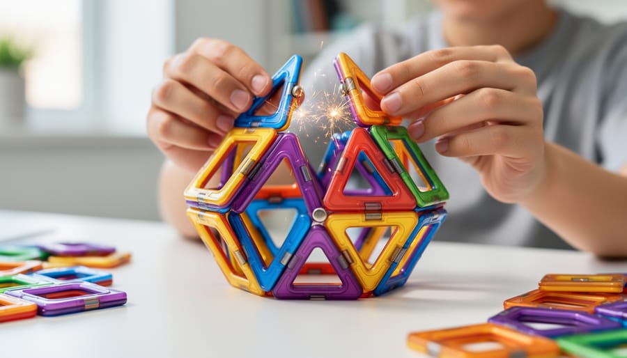 Magnetic tile building with a child assembling a 3D structure using FNJO-style tiles.