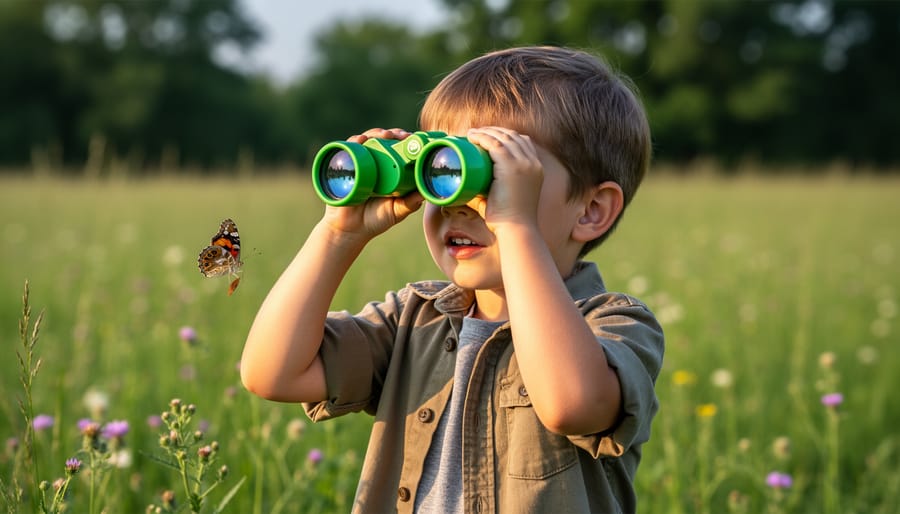 Child using kid binoculars to observe nature outdoors.
