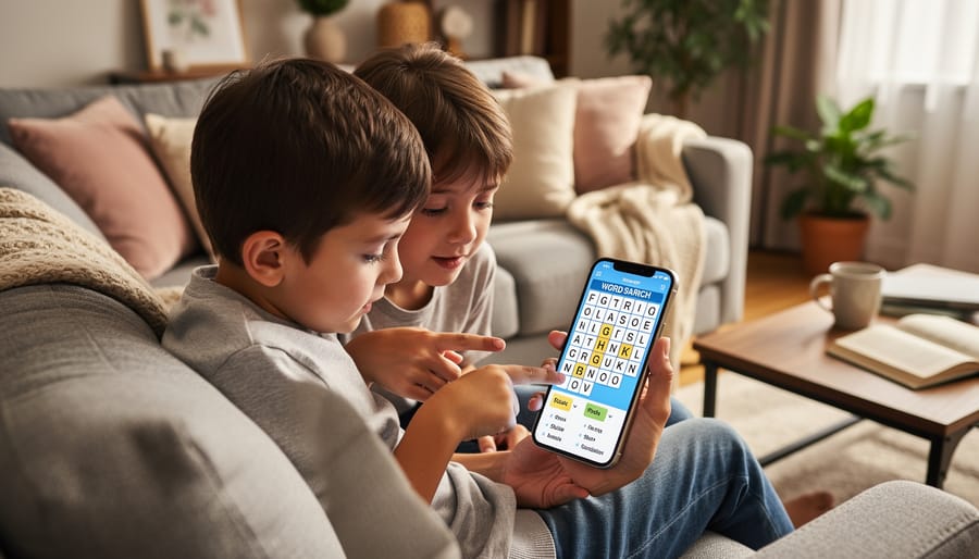 Parent and child using a tablet or smartphone together in a living room for a word search activity