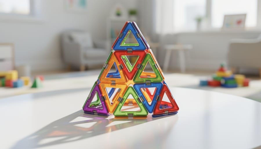 Child arranging clear magnetic tiles to build a 3D structure using a PicassoTiles-style set.
