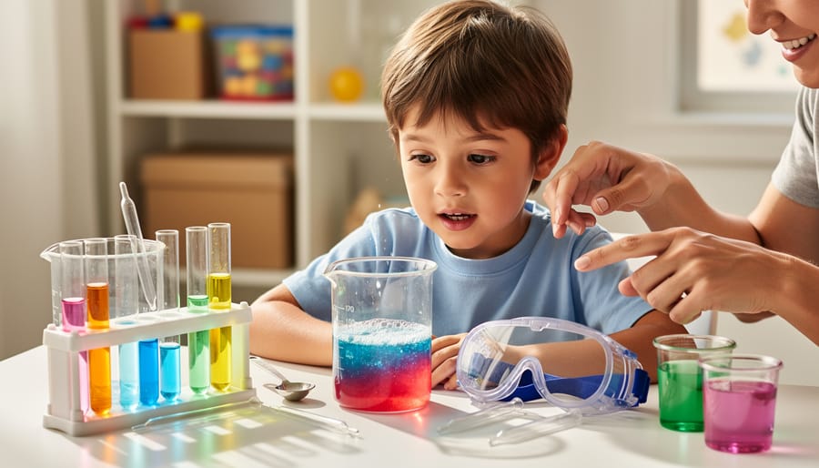 Child conducting an experiment with a science kit on a tabletop.