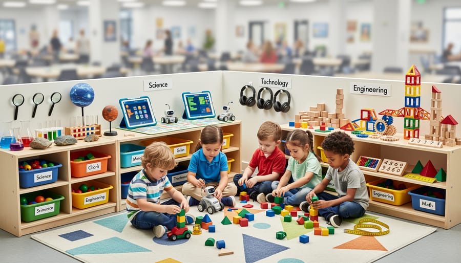 Assorted STEM toys arranged in a bright play area for learning through play.