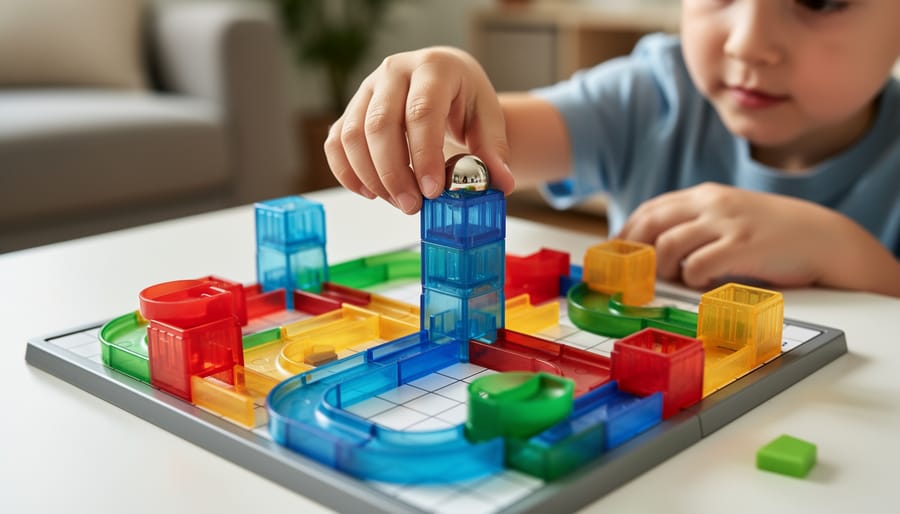 Child’s hands playing with a Gravity Maze marble puzzle.