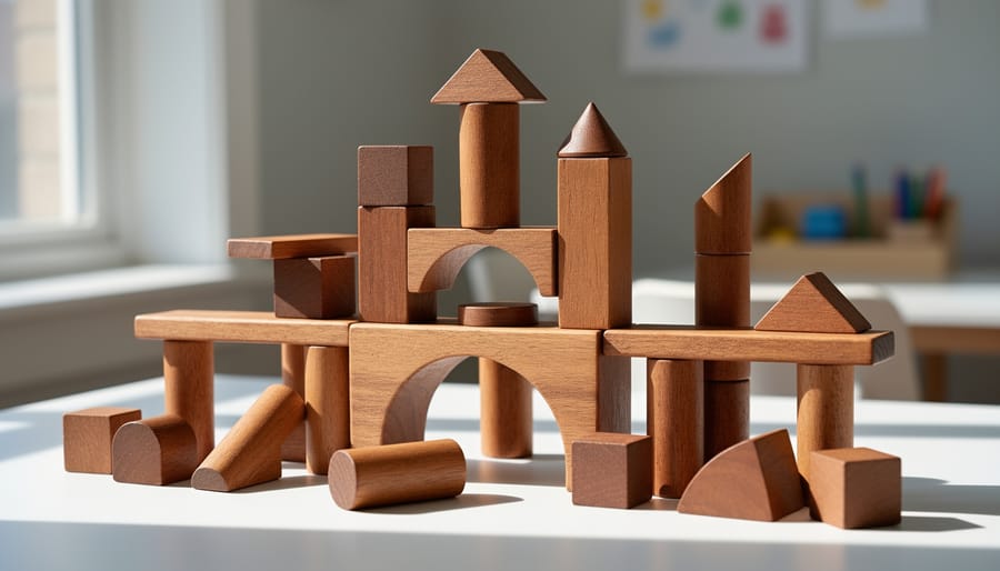 Child’s hands building with colorful wooden blocks on the floor.